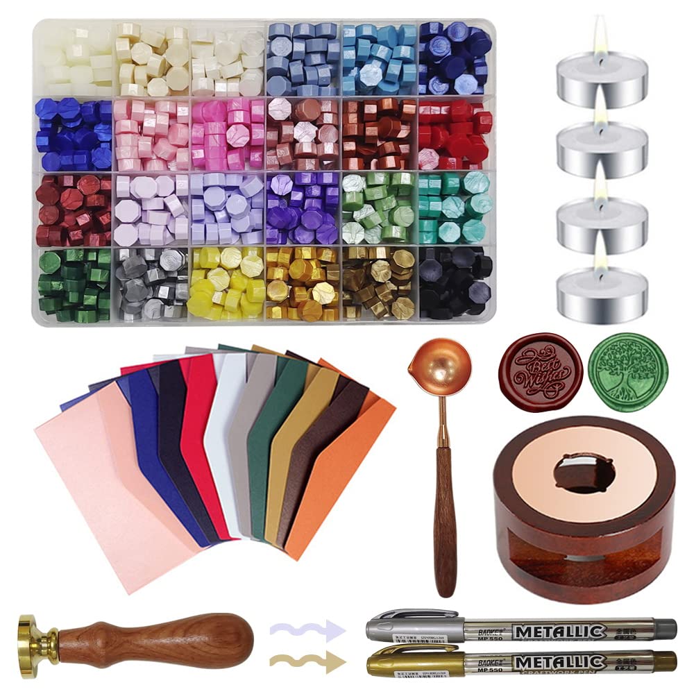 Jaragar Wax Seal Stamp Kit, All-in-one DIY Set With 24 Colors Seal Beads, Warmer, Stamp, Metallic Pen for Gifts, Letters, Crafts, Wedding Invitation and Decoration Sealing