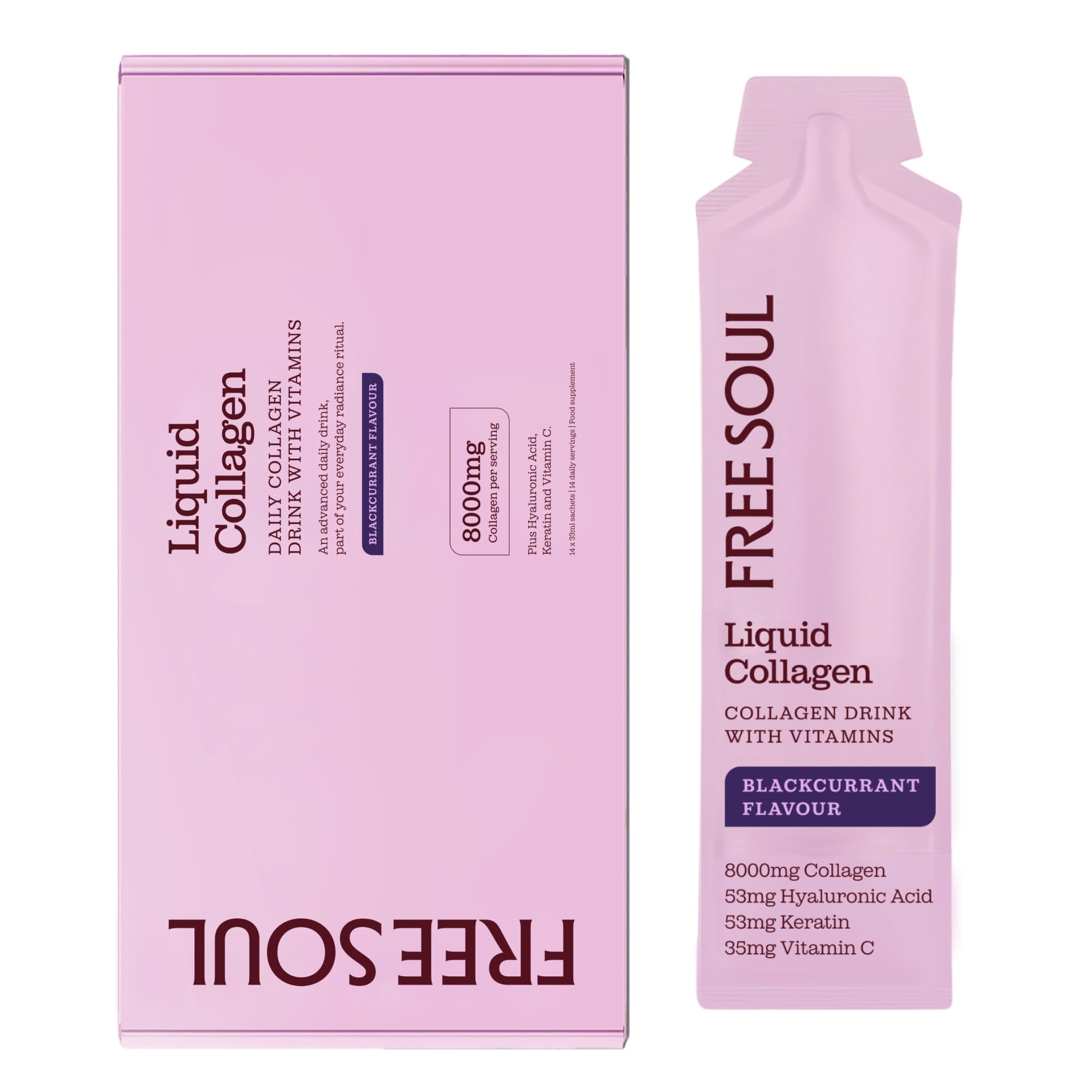 Marine Liquid Collagen 8000mg with Hyaluronic Acid, Keratin, & Vitamin C | 14 x 8000mg Hydrolysed Collagen Peptides Sachets | High Absorption Collagen Liquid Supplement by Free Soul