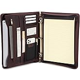 Geslun Genuine Leather Portfolio with 3 Ring Binder, Full Grain Leather Padfolio Zippered, A4 Notebook Holder Laptop Sleeve Professional Folder Organizer Gift for Men and Women, Dark Brown