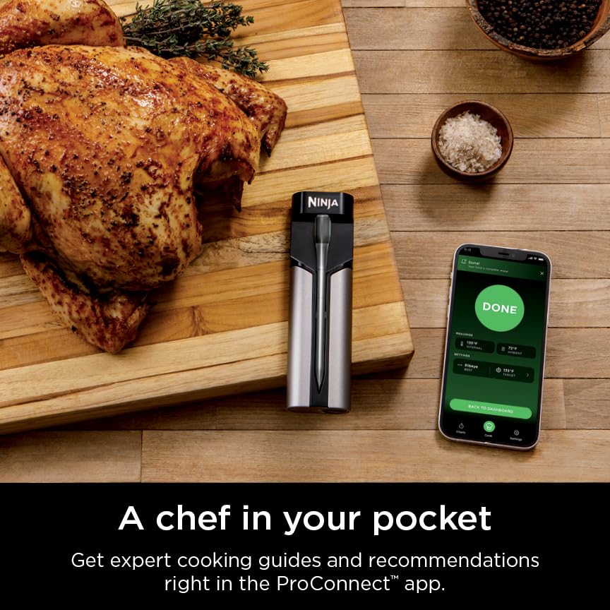 Ninja Meat Thermometer ProChef Wireless Probe for Indoor & Outdoor Air Fryer, Grill, Cooking, Smoker, Oven, Roaster, Long Range Bluetooth App Connection, Flareup Resistant, Waterproof, US Only, WP100