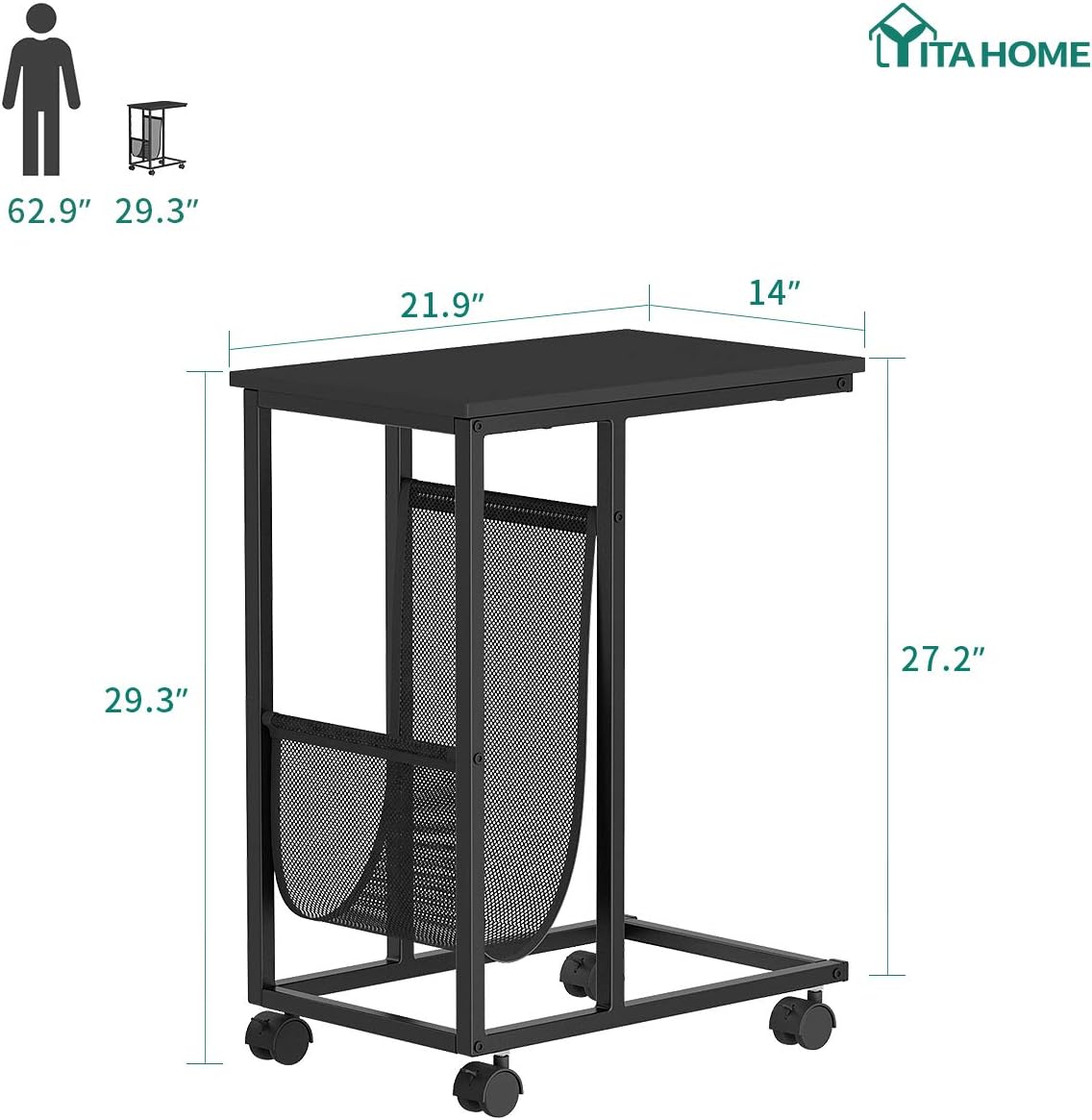 YITAHOME Sofa Side Table,Nightstands, End Table with Wheels and Side Pocket,Easy Assembly (Black) …: Kitchen & Dining