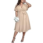 SCOMCHIC Womens Plus Size Wedding Guest Cocktail Midi Dress Summer Short Sleeve Wrap V Neck Belted A-Line Flowy Dress