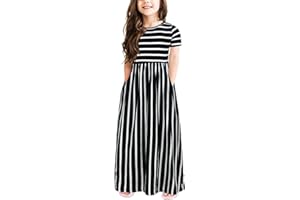 GORLYA Girl's Short Sleeve Floral Print Loose Casual Holiday Long Maxi Dress with Pockets 4-12 Years
