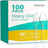 MOACOCK 100 Count Exact Heavy Weight Plastic Forks and Spoons | 50 Forks, 50 Spoons, Disposable Plastic Silverware Plastic Utensils Plastic Cutlery Set for Party Supplies Everyday Use
