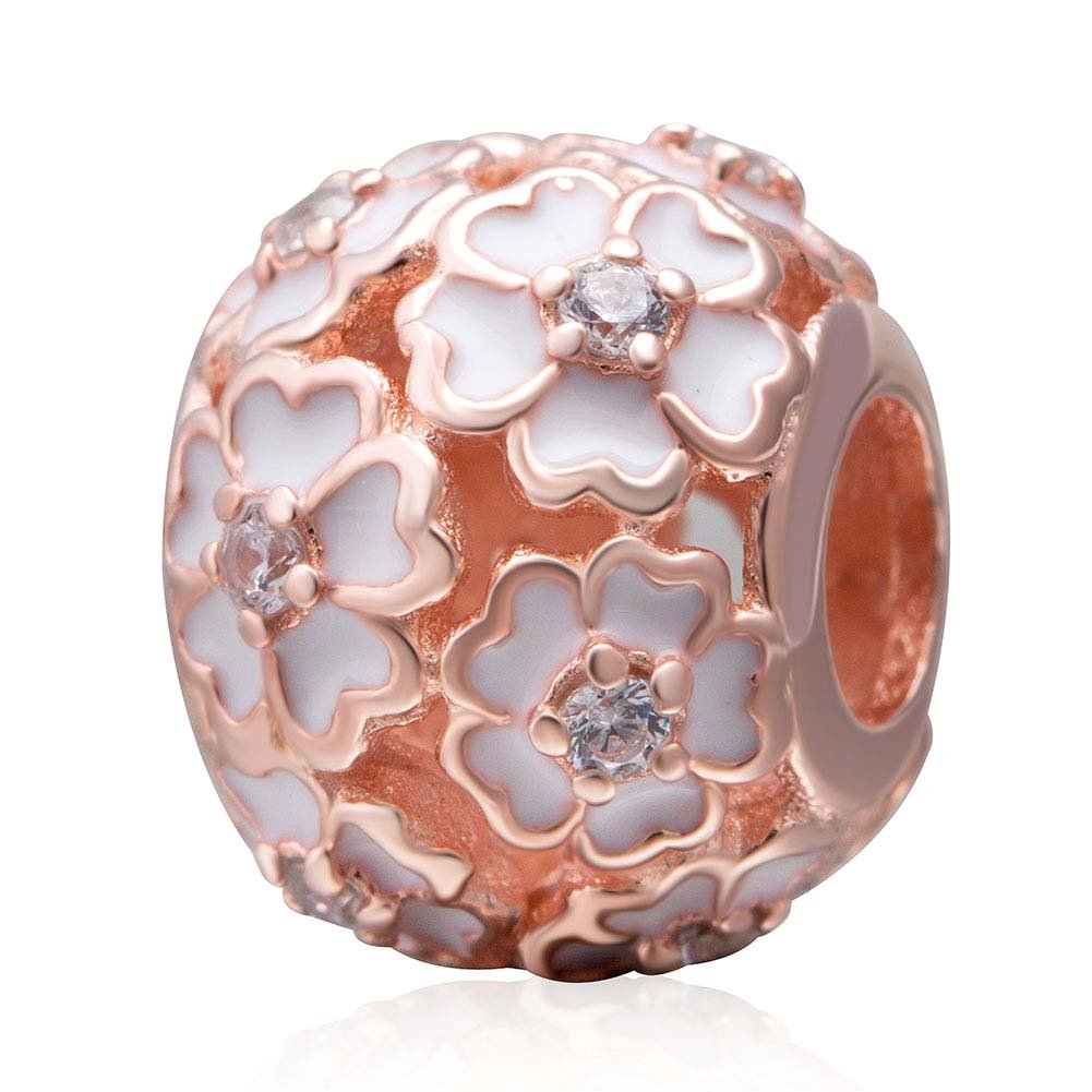 Rose Charm 925 Sterling Silver Flower Charm Love Charm Anniversary Charm Valentine Charm Birthday Charm for Pandora Charms Bracelet (Rose Gold)