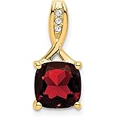 14k Yellow Gold Cushion Cut Garnet Pendant for Women with Three White Accent Stones, Deep Red Garnet Necklace with Crisscross Bail, January Birthstone Jewelry, Elegant Fine Jewelry Design