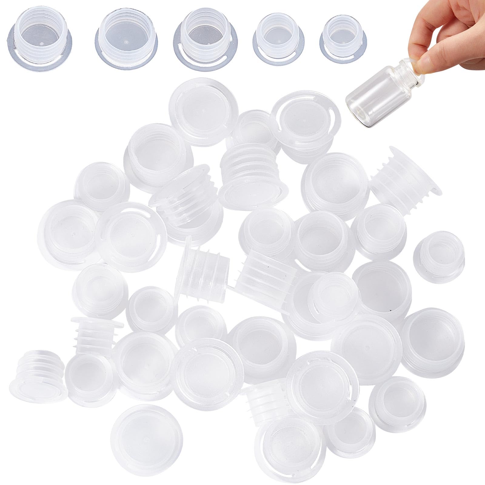GORGECRAFT 50PCS 5 Sizes Salt and Pepper Shaker Stoppers Plastic Salt Shaker Plug Replacement Clear Stopper Round End Caps Hole Tube Plug With Pull Tab for Pots Bottles Pipes (0.5 To 0.8 Inch) — image 1