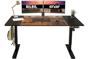 bilbil 63 x 30 Inches Electric Standing Desk, Height Adjustable Sit Stand Table with Splice Board, Stand up Home Office Desk, Black Frame/Black and Rustic Brown Top