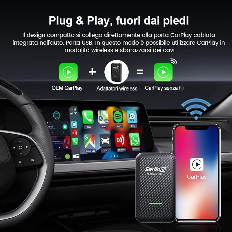 3.0 Wireless CarPlay Adattatore, senza fili AppleCarPlay Dongle iphone, Aggiornamento online, per auto con funzione CarPlay cablata di fabbrica, online messaggi/musica/mappe...