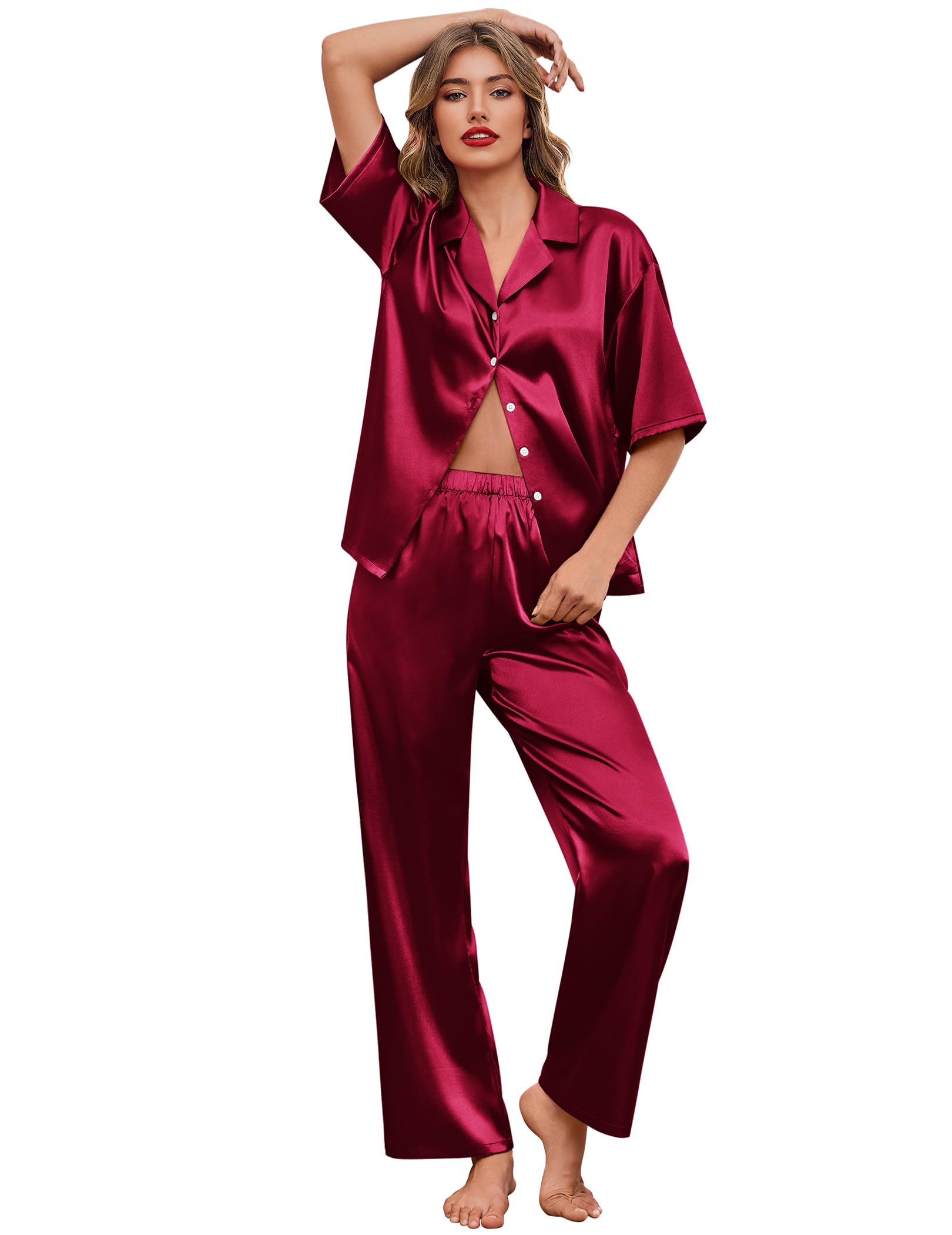 Photo 1 of Ekouaer Silk Satin Pajamas Set Women Short Sleeve Pj Sets Button Down Sleepwear 2 Piece Soft Loungewear,Wine Red,M