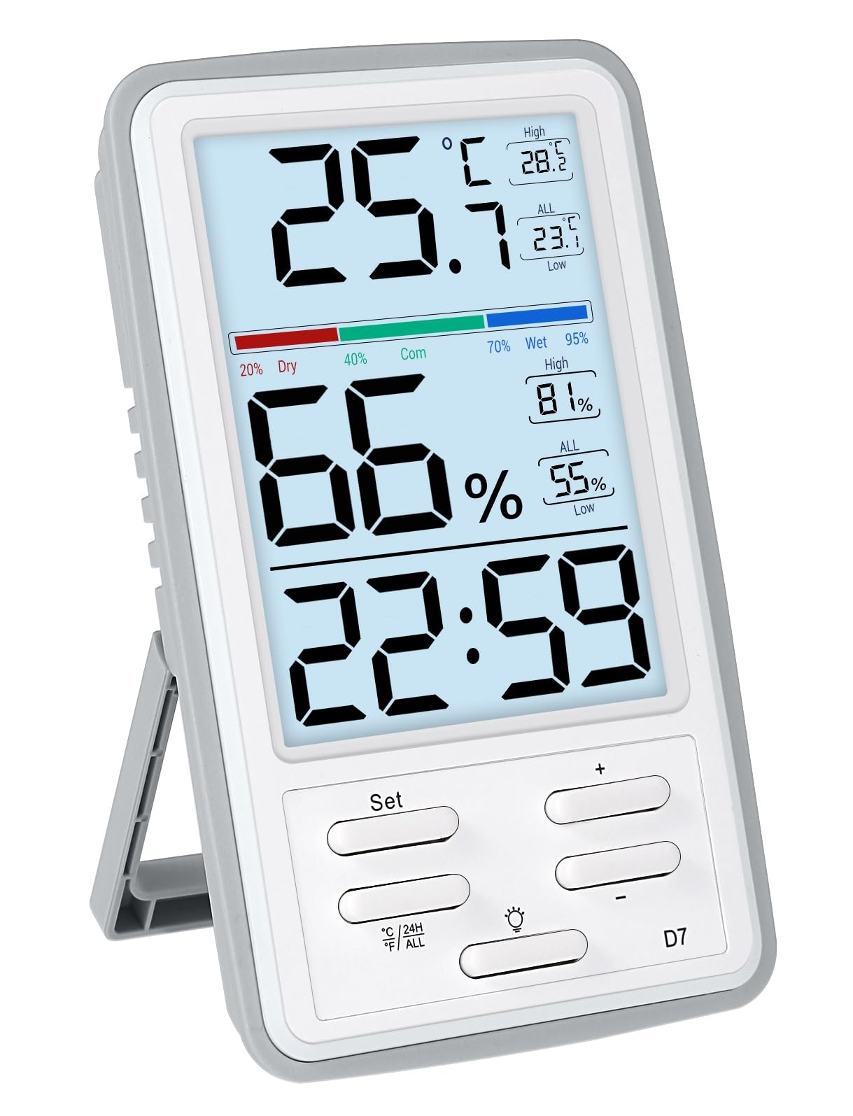 Humidity and Temperature Monitor with Backlit - LXSZRPH Digital Indoor Thermometer Hygrometer with High Low History, Easy to Use, Room Clock, Magnetic Option and Clear Display (D7)