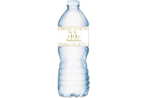 ROKAPARY 55 & Fabulous Water Bottle Labels; Set of 20 Waterproof Water Bottle Wrappers; Gold and White Stickers. Happy Birthday Labels