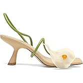 Flower Kitten Heels for Women Open Square Toe Floral Low Kitty Heels Sexy Strappy Wedding Dressy Heeled Sandals