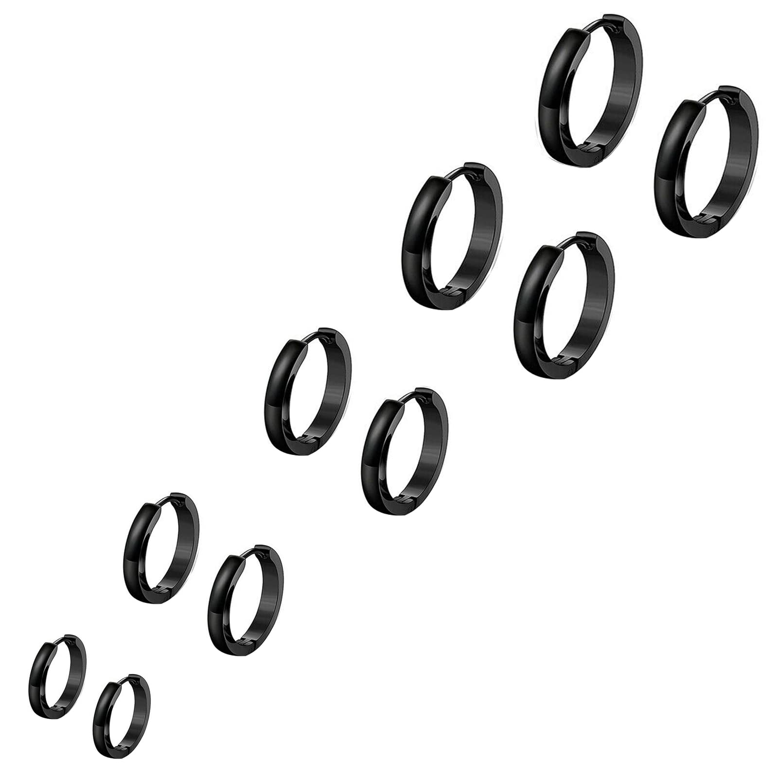 Bo Win 5 Pairs Stainless Steel Huggie Hinged Black Hoop Earrings for Men Women, Men Earrings Hoop Black, Black Earrings for Men Hoop, Small Men Hoop Earrings Women Girls Black Set Piercing 8MM-16MM