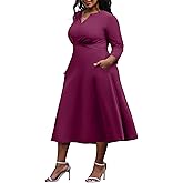 Nmoder Women's Plus Size Stretchy Flared Wrap Dress Casuel Wedding Guest Cocktail Work Midi Dresses V Neck 3/4 Sleeve A-Line Swing Rose Purple XL