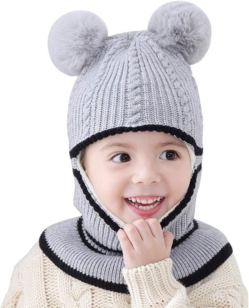 Baby Girls Boys Winter Fleece Lining Hat Toddler Knitted Hood Scarf Beanies(Pom, Grey)