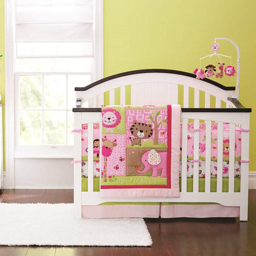 USTIDE Baby Bedding Set Pink Jungle Animals Nursery Crib Bedding Set for Girls Baby Cot Bedding Set 7-piece