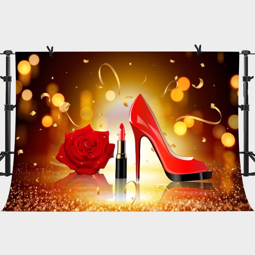 PHMOJEN Lady Makeup Backdrop, Vinyl 10x7ft, Red Lipstick Rose High Heel Bokeh Photography Background, Valentine's Day Bachelorette Party Banner LYPH554