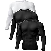 Odoland 3 Pack Men Compression Long Sleeve Shirts, Athletic Workout Undershirt Base Layer Top for Winter Sports