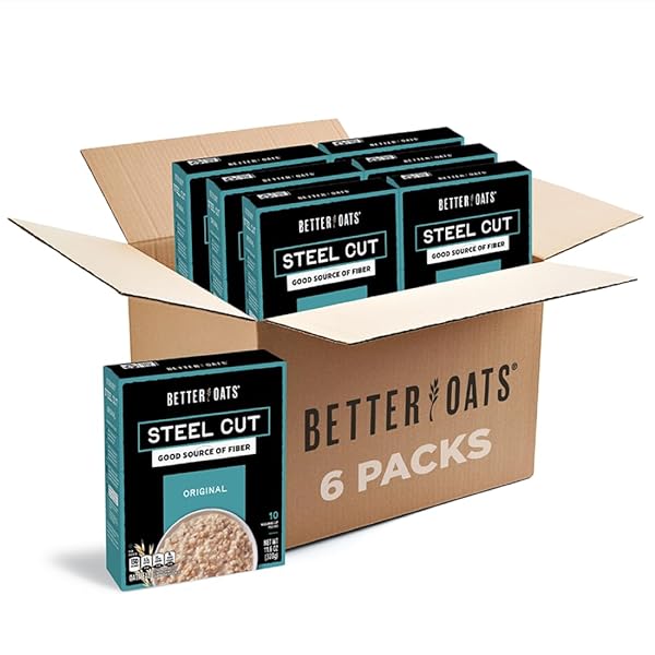 BETTER OATS STEEL CUT INSTANT OATMEAL PACKETS, ORIGINAL FLAVOR WITH FLAX SEEDS AND WHOLE GRAINS, QUICK-COOKING BREAKFAST, 11.6 OZ BOX OF 10 POUCHES (PACK OF 6)