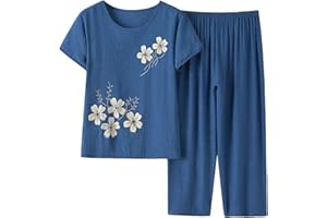YMADREIG Linen Set for Women 2 Piece Summer Sets Floral Short Sleeve Linen Tops Baggy Casual Linen Pants Vacation Outfits