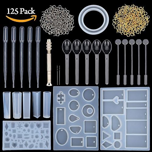 Vranky Resin Casting Molds and Tools Set,125 Pieces Totally Include Assorted Styles Silicone Molds, Stirrers, Droppers, Spoons, Hand Twist Drill and Screw Eye Pins for Pendant Jewelry Making