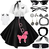 VillbeCoser Sock Hop Outfits Women, 1950s Poodle Dresses, Polo Shirt with 50s Accessories Socks Scarf Headband Belt 10Pcs
