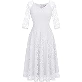 Dressystar Womens Long-Sleeve Wedding Guest Dress A-Line Lace Formal Party Cocktail Midi Dress Prom Gown