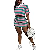 KRICESSEEN Casual Women Colorblock Striped Two Pieces Skirt Sets Short Sleeve Bare Waist Matching Set Sporty Wear Outfits