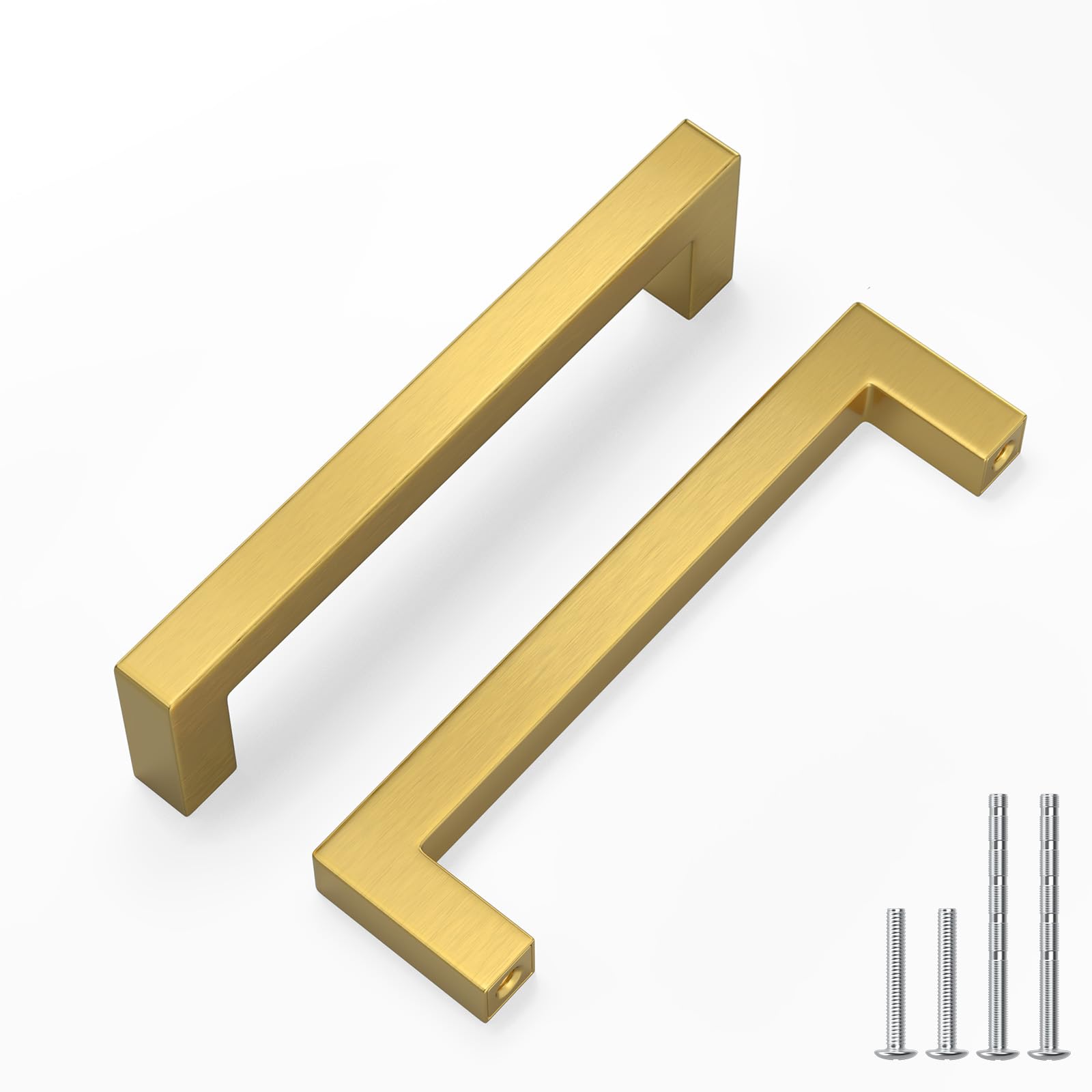 LONTAN 5 Pack Brushed Brass Cupboard Handles 115mm Square Gold Kitchen Handles Wardobe Bathroom Stainless Steel Drawer Pulls