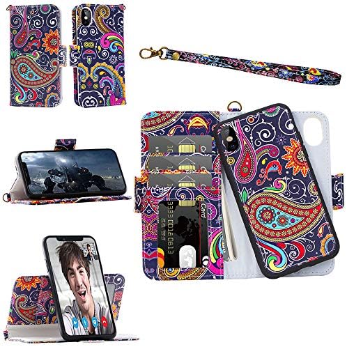Samgg iPhone X Xs Wallet Detachable Case with Wrist Strap, Magnetic Closure, Card Slot, Kickstand - Luxury Flip Folio Leather Case with Tempered Glass for 5.8 inch iPhone X/iPhone Xs (Paisley #2)