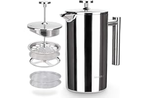 Secura French Press Coffee Maker, 304 Grade Stainless Steel Insulated Coffee Press with 2 Extra Screens, 34oz (1 Litre), Silv