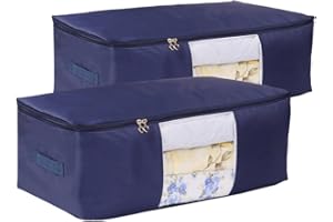 VEAMOR Blanket Storage Bags Pillow Bedspread Bedding Clothes Organizer Storage Containers With Zippers Breathable and Moistureproof. (Navy blue 2pcs, L)