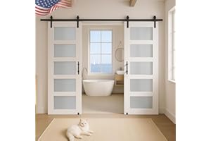 S&Z TOPHAND® 32in x 84in Double Glass Sliding MDF Barn Door with 13FT Sliding Door Hardware Kit, 5 Tempered Frosted Glass, Slab Inside Covered with Water-Proof PVC Surface, Simple DIY Assembly