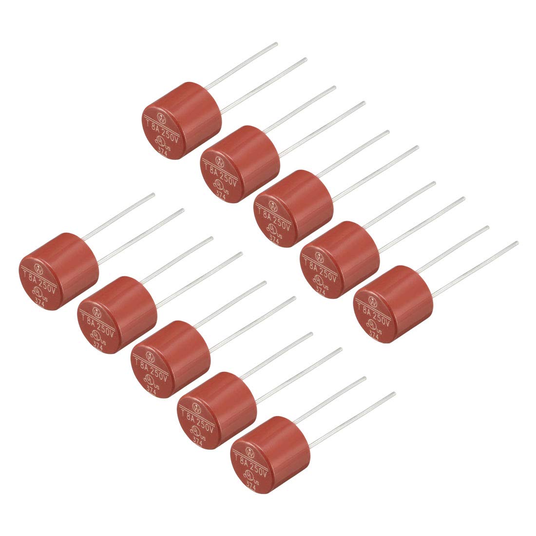sourcing map 10Pcs DIP Mounted Miniature Cylinder Slow Blow Micro Fuse T8A 8A 250V Red