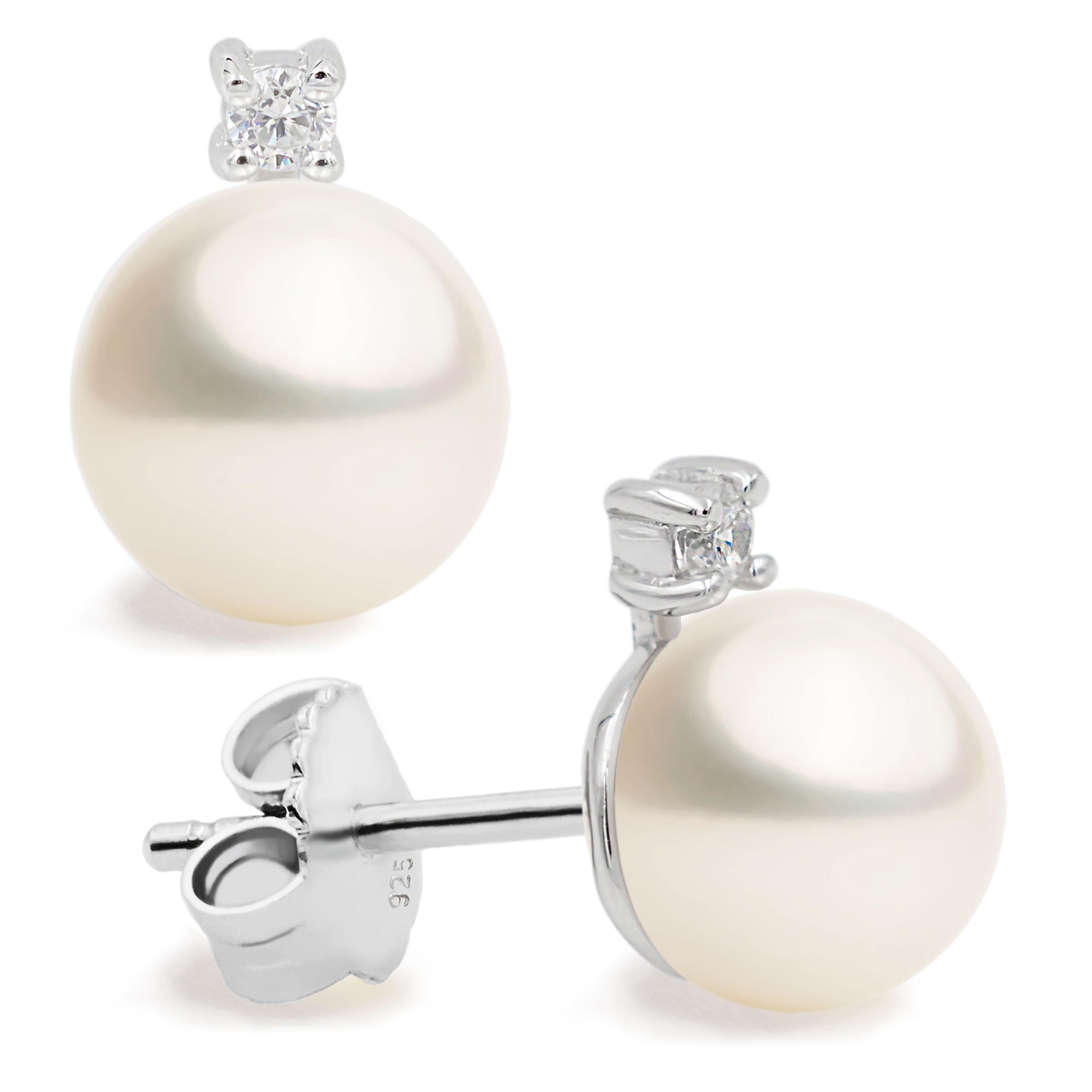 Women Pearl Stud Earrings, Fresh Water Cultured Pearls Button Shape 7-8 mm with a Small Zirconia Stone Secret & You | Sterling Silver 925 Rhodium Plated with big backs.