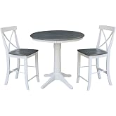 IC INTERNATIONAL CONCEPTS 36" Round Pedestal Gathering Height Table with 2 X-Back Counter Height Stools, White/Heather Gray