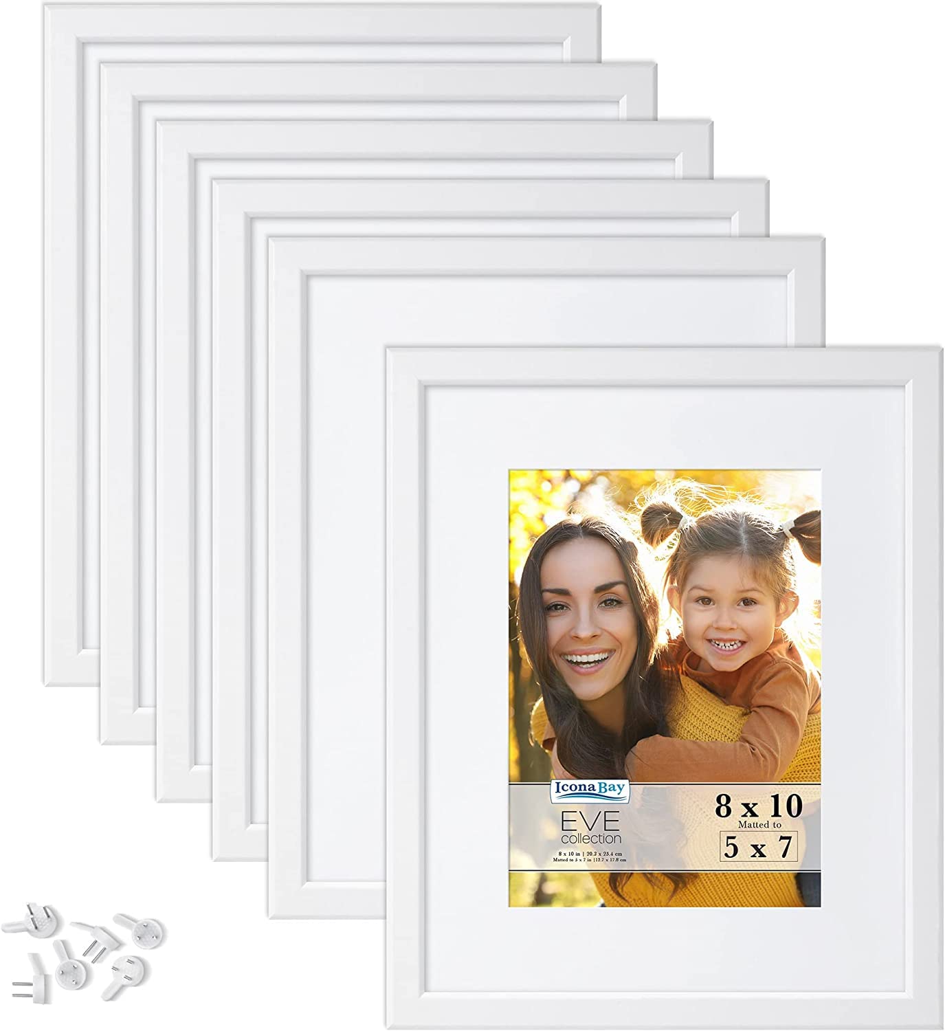 Icona Bay 10x8 Picture Frames w/Removable Mat to 7x5 (White, 6 Pack), Modern Double-Bevelled Frame, Tabletop or Wall Mount, Eve Collection
