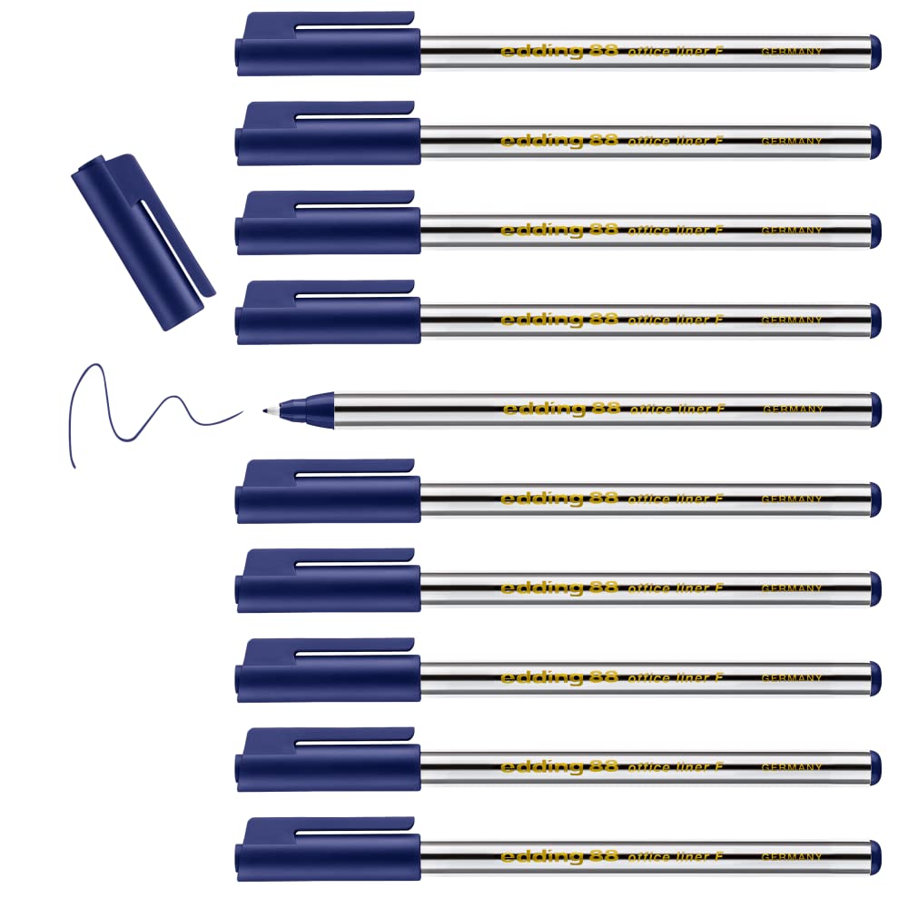 edding 88 - fineliner - blue - 10 pens - round nib 0.6 mm - thin fibre pen for fine, precise writing, underlining, drawing - in the office or home and at school