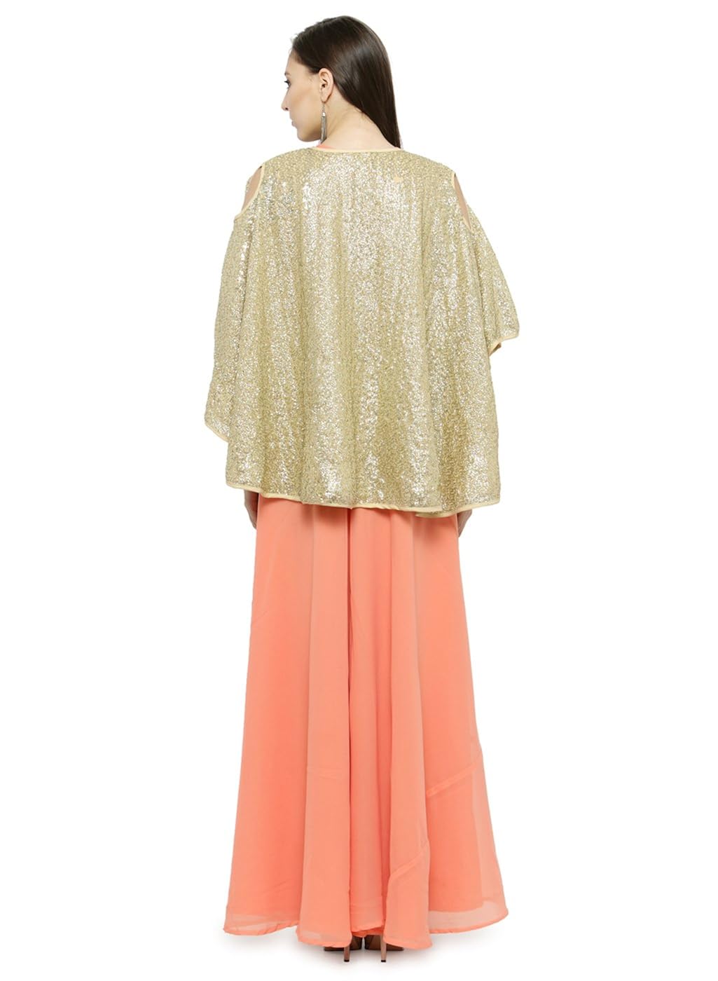 just wow peach & golden poly georgette women's dress