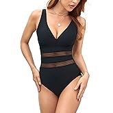 Husmeu Women's Tummy Control One Piece Swimsuits V Neck Mesh Monokini Swimwear Slimming Bathing Suit Plus Size