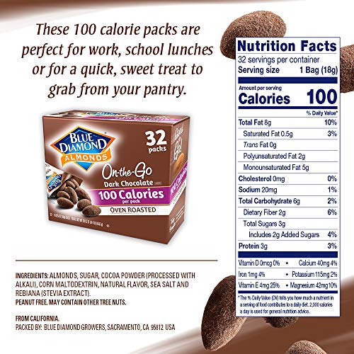 BLUE DIAMOND ALMONDS DARK CHOCOLATE COCOA DUSTED SNACK NUTS, 100 CALORIE PACKS, (PACK OF 1, 32 COUNT TOAL)