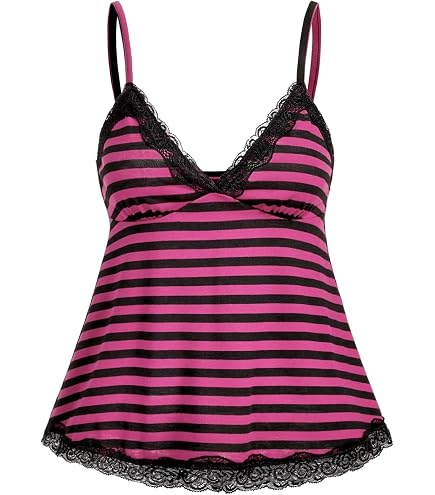 SOLY HUX Women's Striped Lace Trim Button Front Spaghetti Strap