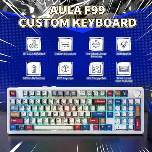 AULA F99 PRO Mechanical Gaming Keyboard,Wireless Creamy Keyboard Ergonomic Hot Swappable Custom with 8000mAh Battery,RGB Backlit 2.4GHz/Type-C/BT5.0 Bluetooth Keyboard for PC/Mac/Office - Comic Color