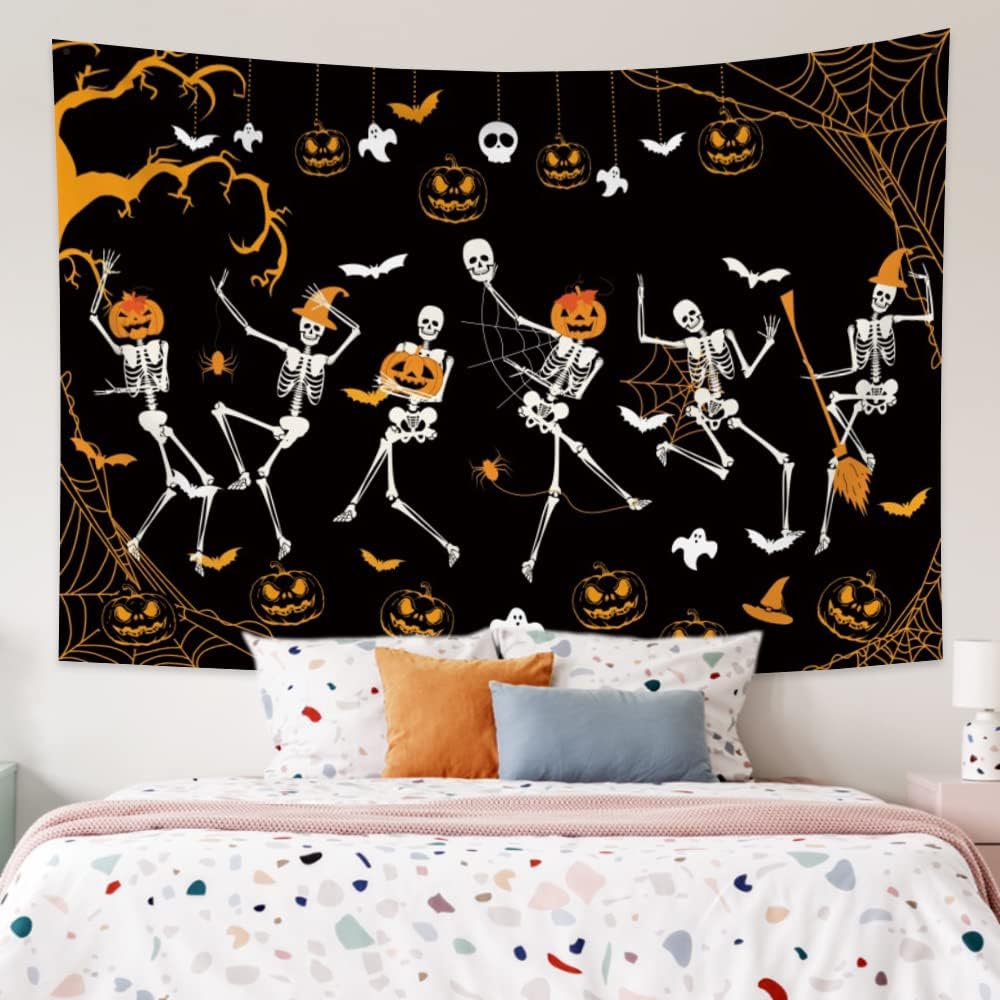 Tapestries - Halloween Skull Tapestry Wall Hanging Funny Goth Skeleton Dancing with Orange Pumpkin Spider Web Tapestry Horror Black and White Tapestry Wall Decor for Living Room Bedroom Dorm, 60x40 Inches apestry Wall Decor for Kids Living Room Bedroom Dorm , 60x40 Inches