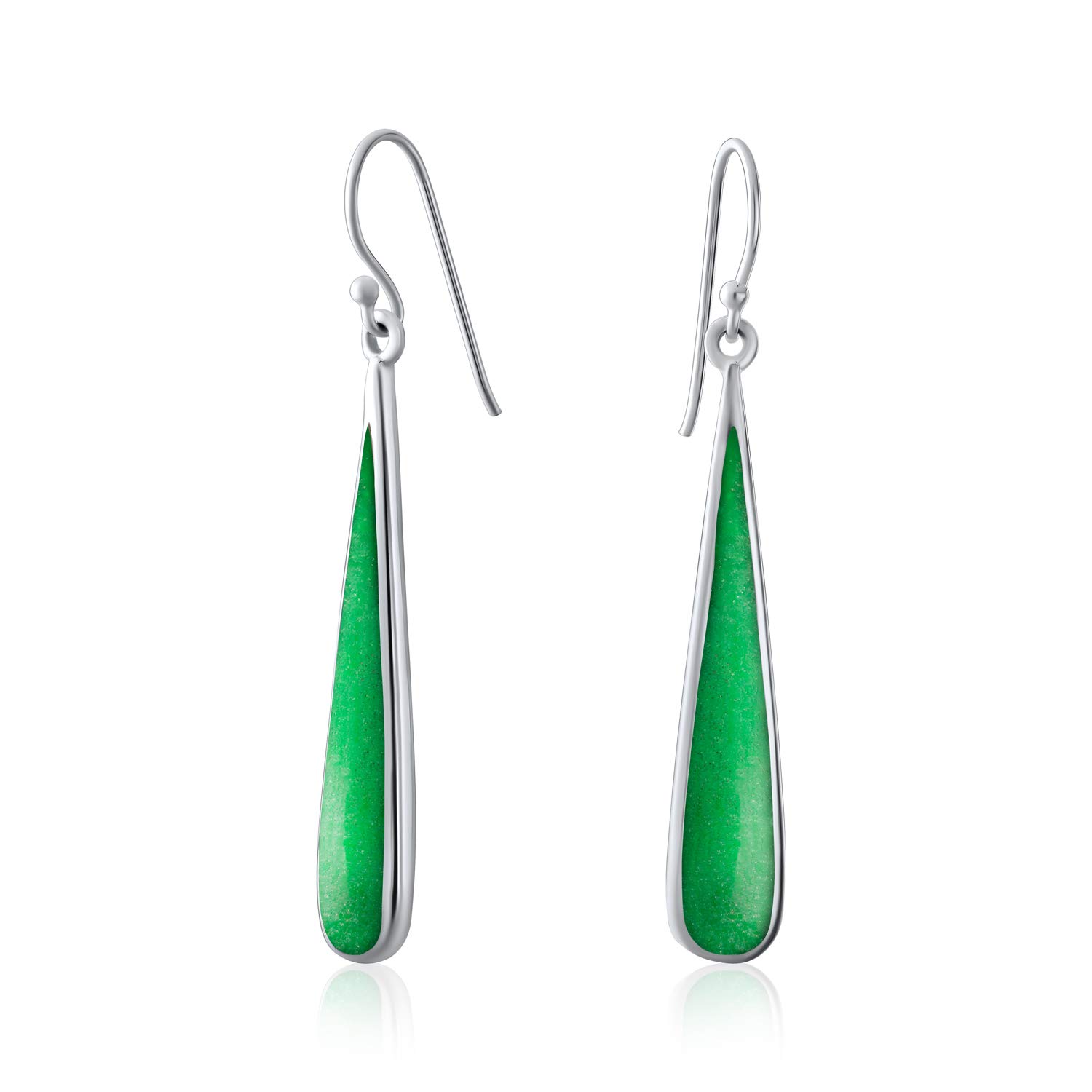 Simplistic Boho Fashion Green Agate Simulated Jade Inlay Long Flat Teardrop Shaped Dangle Earrings For Women Teen .925 Sterling Silver Fish Hook Wire Threader
