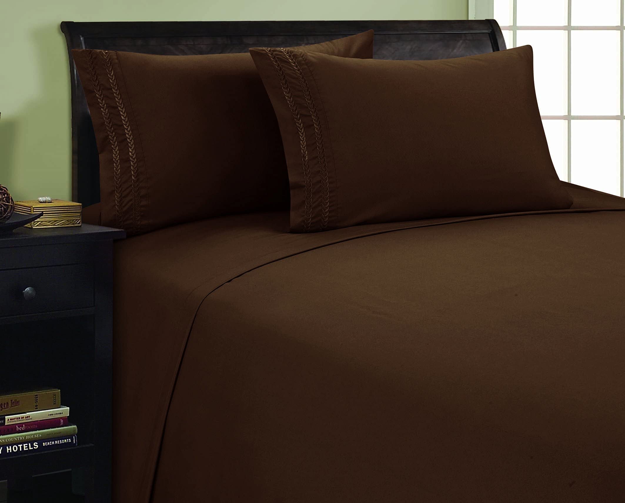 Elegant Comfort 1500 Thread Count Embroidered Egyptian Quality Luxurious Silky Soft HypoAllergenic WRINKLE & FADE RESISTANT 4-Piece Bed Sheet set, Deep Pocket Up to 16" - Queen Chocolate Brown