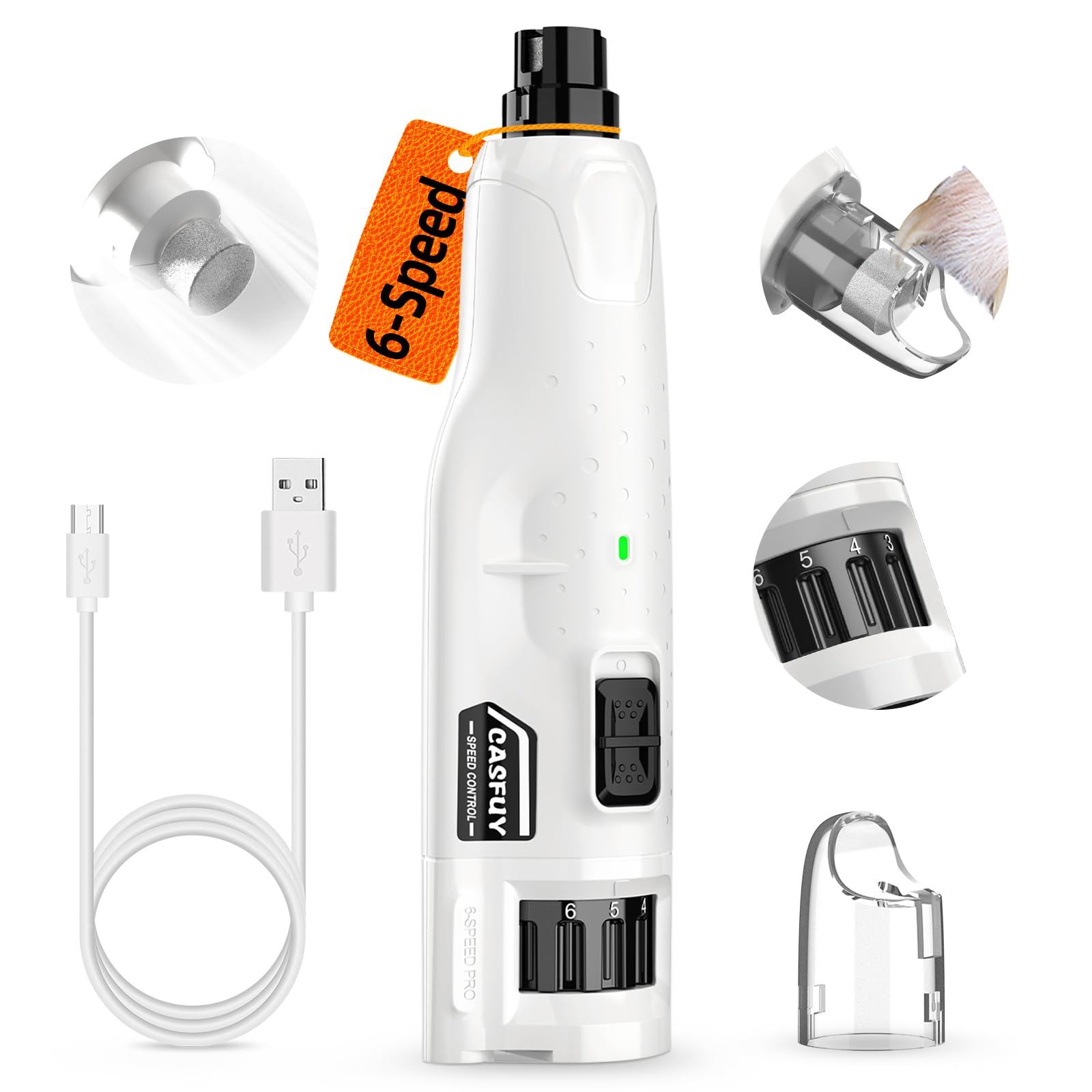 Casfuy Dog Nail Grinder Quiet - (45db) 6-Speed Pet Nail Grinder with 2 LED Lights for Large Medium Small Dogs/Cats, Professional 3 Ports Rechargeable Electric Dog Nail Trimmer with Dust Cap