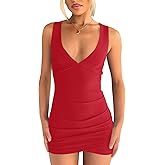 Nsbonu Women's Sexy Ruched Bodycon Mini Dresses Sleeveless V Neck Club Party Short Dress