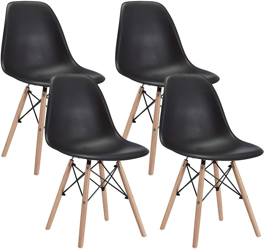 CangLong Modern Mid-Century Shell Lounge Plastic DSW Natural Wooden Legs for Kitchen, Dining, Bedroom, Living Room Side Chairs, Set of 4, Black: Furniture & Decor